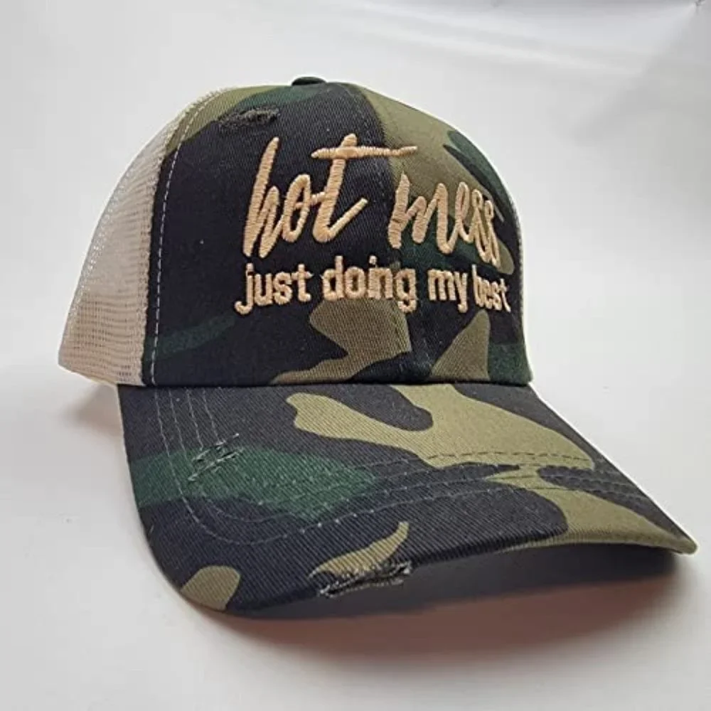 Hot Mess Just Doing My Best Women's Ponytail Cap Hat Camouflage Mesh Cotton